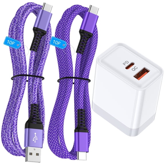 20W PD & QC Dual-Port Fast Wall Charger Block, Type C Charger Block with 10FT USB-C to C & USB-A to C Cables, Power Adapter Compatible with iPhone 17/16/15 Pro Max iPad Pro Galaxy S26 Android,Purple