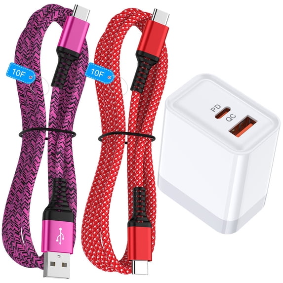 20W PD & QC Dual-Port Fast Wall Charger Block, Type C Charger Block with 10FT USB-C to C & USB-A to C Cables, Power Adapter Compatible with iPhone 17/16/15 Pro Max iPad Pro Galaxy S26 Android,Pink