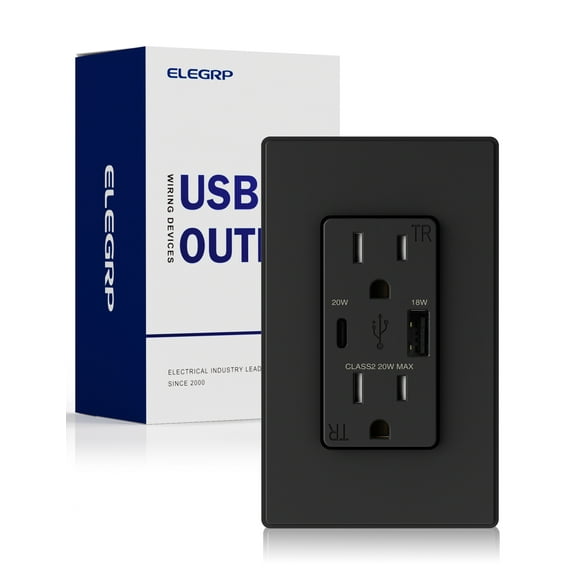 ELEGRP 20W Type A & Type C USB Wall Outlet for Power Delivery and Quick Charge, 15A Receptacle, w/ Wall Plate, (1 Pack, Black)