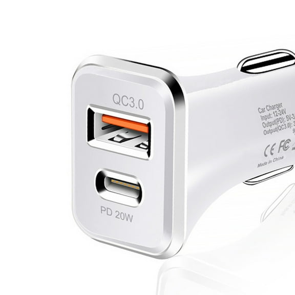 20W USB-C Fast Car Charger Type C Power Charging Dual Port USB-A + USB-C Adapter Compatible With iPhone 15 / 14 / 13 / 12 / 11 Pro Max Mini, Galaxy S23 / S22 / S21 / S20 Ultra Plus, Universal, White