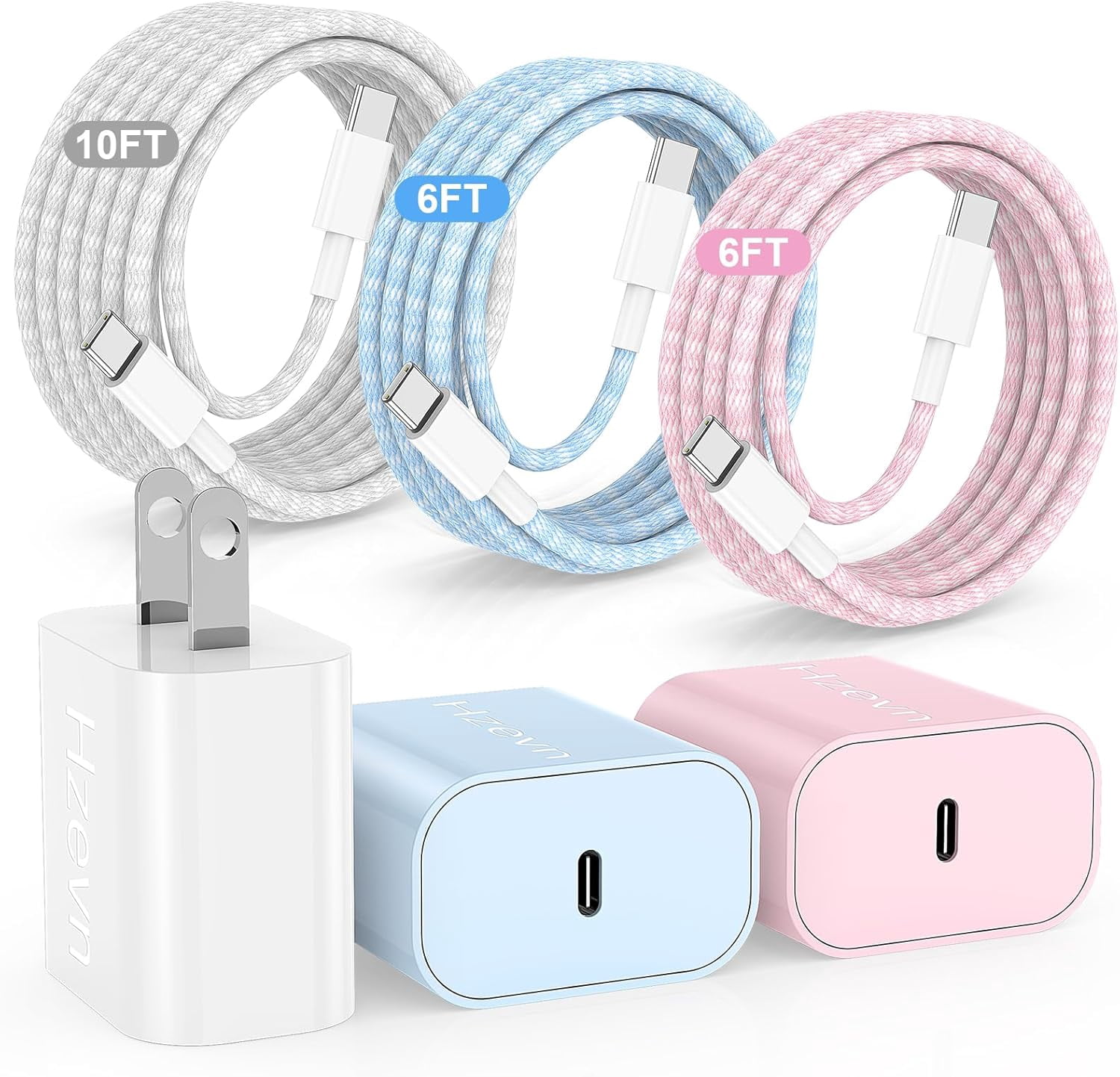 20W USB C Fast Charging for iPhone 17 Air/16/15 Pro Max,3Pack Colorful Mixed Block with Braided Long USB C to C Cables (6/6/10ft) Compatible with iPhone16/15 Pro/15 Plus/iPad Pro