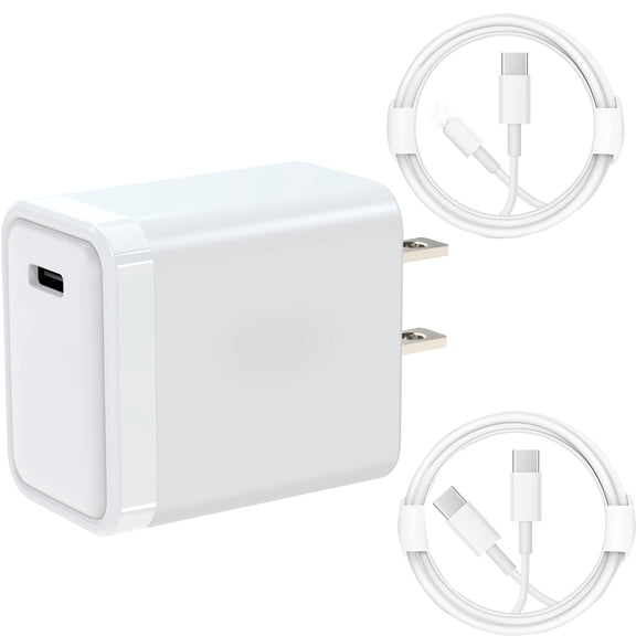 20W USB-C PD Fast Wall Charger, Compact Power Adapter for iPhone 16/15/14, iPad & Samsung with 2 Charging Cable
