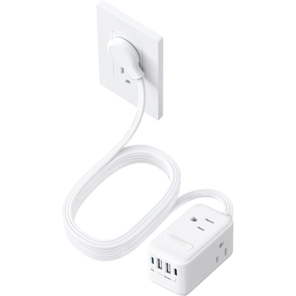 20W USB C Travel Power Strip - Ultra Thin Flat Plug, Small 10ft Long Extension Cord Wall Mount, 3 Side Outlet Extender for Nightstand, Dresser, Couch, TV, Cruise Essentials, White