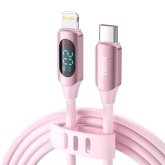 TRON 20W USB-C to L Cable with Digital Display, PD Fast Charging Liquid Silicone Cord 5FT, Soft Tangle Free Charge and Sync Cable for iPhone 14 13 12 11 XR XS X 8 and SE, Pink Silicone Cord