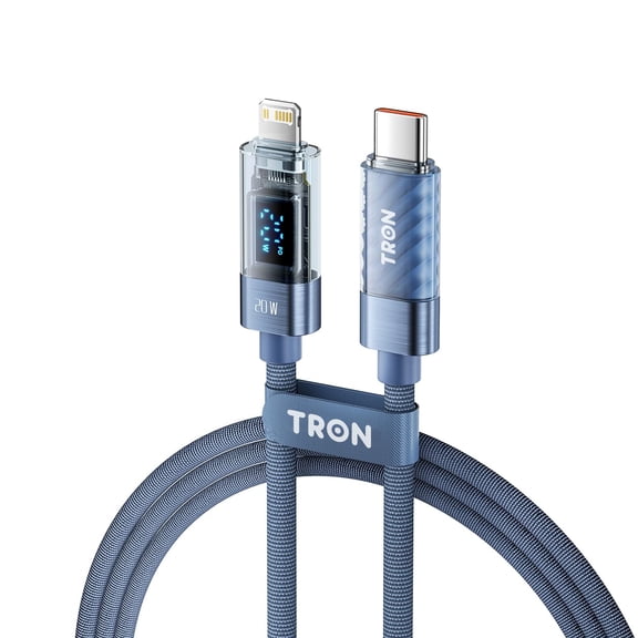 TRON 20W USB-C to Lightning Fast Charging Cable 5FT with Digital Power Display, 480Mbps Data Transfer, Braided Transparent Cable