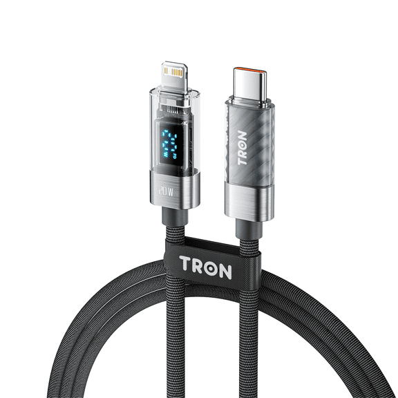 TRON 20W USB-C to L Cable with Digital Power Display, PD Fast Charging Nylon Braided Cord 5FT 1.5M, Transparent Charge and Data Sync Cable for iPhone 14 13 12 11 XR XS X 8 7 and SE, Grey