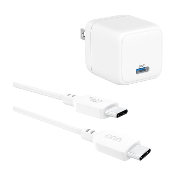 onn 20W Single USB-C Port Wall Charger with 3ft C-C Cable, Fast Charging, USB-IF Certified,Foldable Plug, White