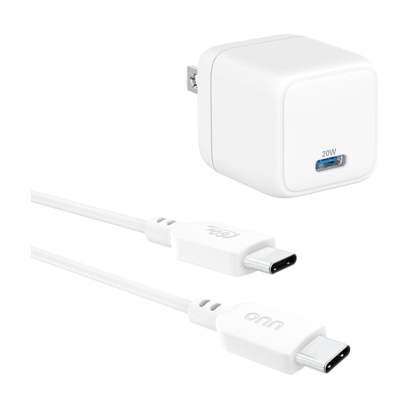 onn 20W Single USB-C Port Wall Charger with 3ft C-C Cable, Fast Charging, USB-IF Certified,Foldable Plug, White