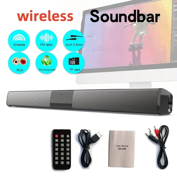 20W Wireless TV Soundbar with Built-in Subwoofer, Rechargeable Home Theater Stereo Speaker Supports AUX TF FM USB Playback