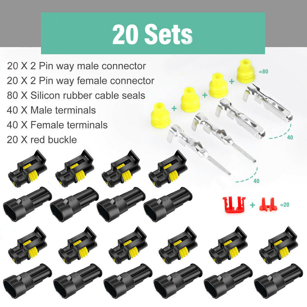 20X Waterproof 2-Pin Wire Connector Kit - Car Electrical Cable Plug Male & Female