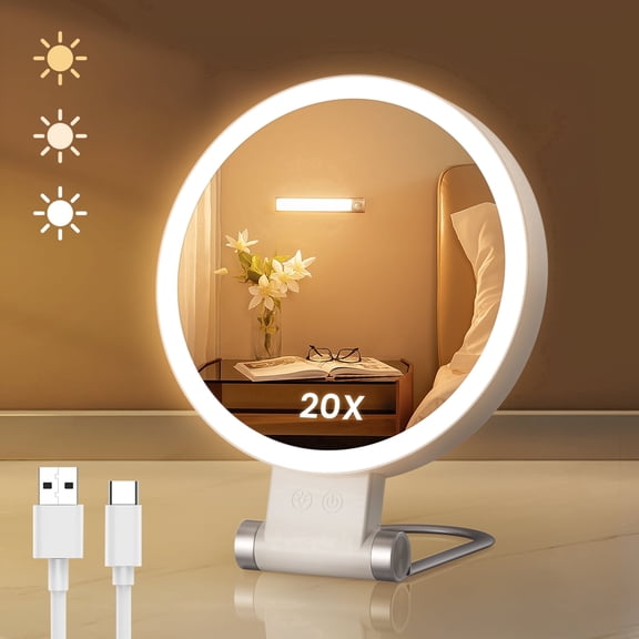 Lighted Makeup Mirror with 20X Magnification, Rechargeable Double Sided Vanity Mirror with 3 Color Lighting Modes and Adjustable Brightness, LED Desktop Mirror for Bathroom Bedroom, Gifts for Women