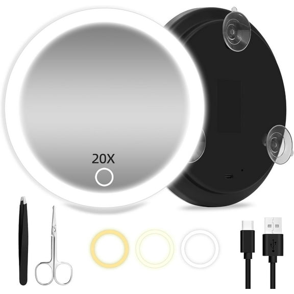 20X Magnifying Mirror Suction Cup for Easy Mounting, Use for Makeup Mirror, Travel Magnification Mirror with Suction Cups for Plucking Eyebrows,Includes Tweezers & Scissors(Black,4Inch)