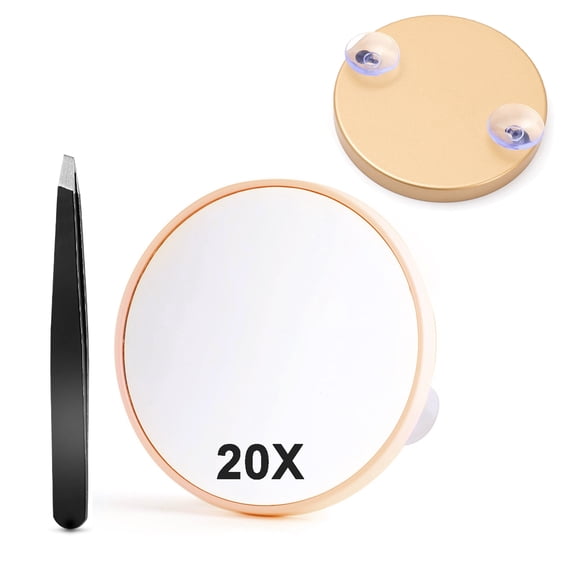 20X Magnifying Mirror with Tweezers and Suction Cup for Easy Mounting, Use for Makeup Mirror, Travel Stick on Shower Mirror for Plucking Eyebrows 3.5 Inch, Champagne