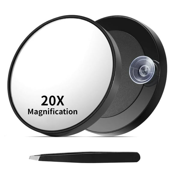 20X Magnifying Mirror with 2 Suction Cups, 3.5 inches Magnified Makeup Mirror and Slant Tweezers,Black,1PC