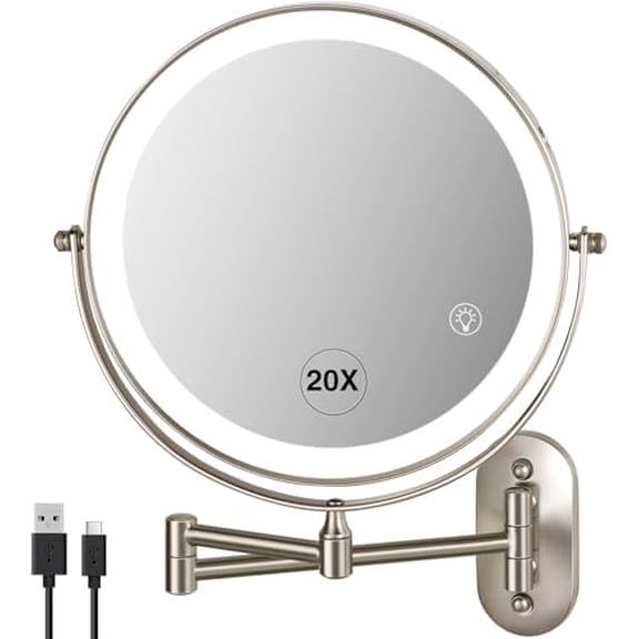 20X Magnifying Mirror with Light: 8.5 Inch Lighted Makeup Mirror, Wall Mount, 360 Rotation, Touch Screen, Rechargeable, Brushed Nickel