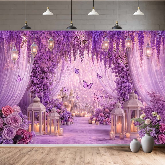 20X10ft Purple Wedding Backdrop Romantic Floral Arch Curtain Booth, Dreamy wisteria floral backdrop with lanterns&butterflies,easy hang,foldable,suit for weddings,birthday,showers&photo shoots