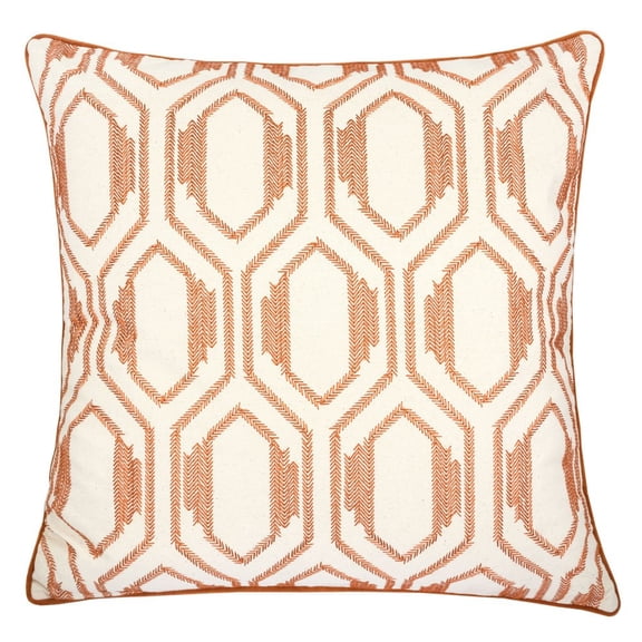 20X20 Geometric Embroidered Cotton Throw Pillows, Rust Accent Square Cushion Set of 2
