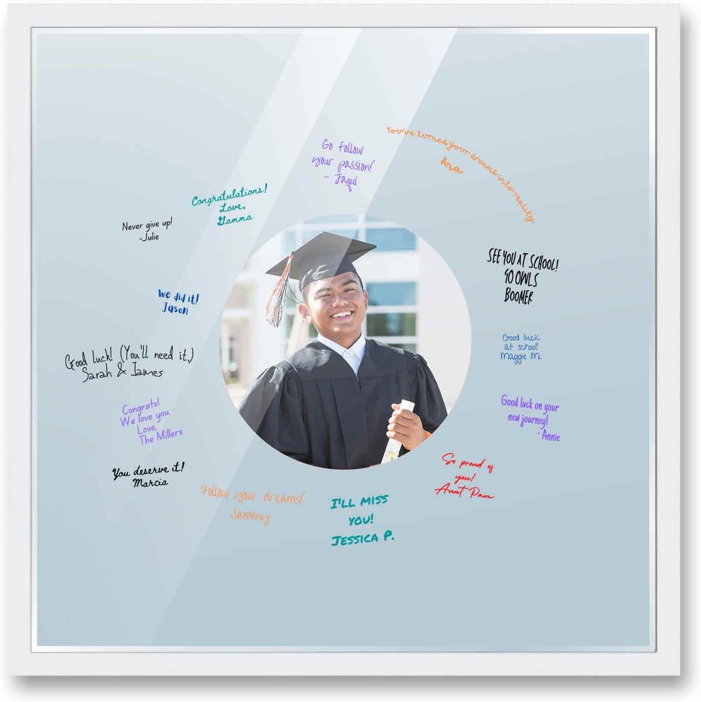 20X20 Square White Autograph & Signature Picture Frame With Blue Circle