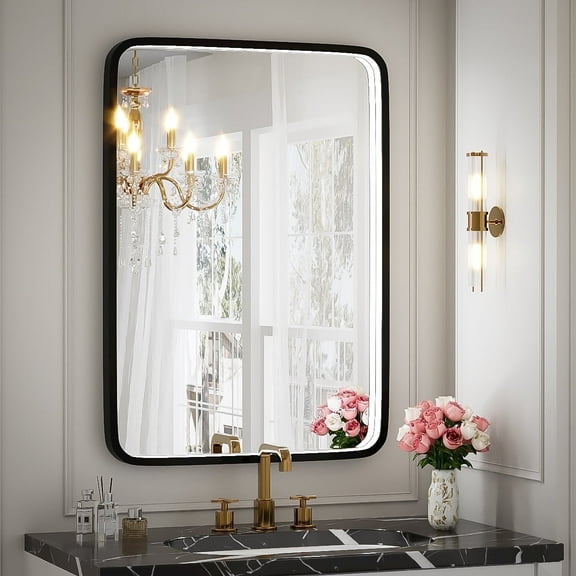 FTOTI 20X28 inch LED Bathroom Mirror with Lights,Wall Mounted,Black Metal Frame,Anti-Fog,Memory Funtion