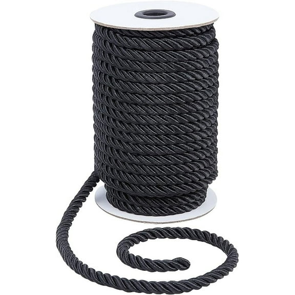 20Yards 8mm 3 Cord Trim Nylon Twisted Silk Ropes Black Decorative Rope Shiny Viscose Cording Graduation Honor Cord for Curtain Tieback Upholstery Christmas Garland Bag Handles