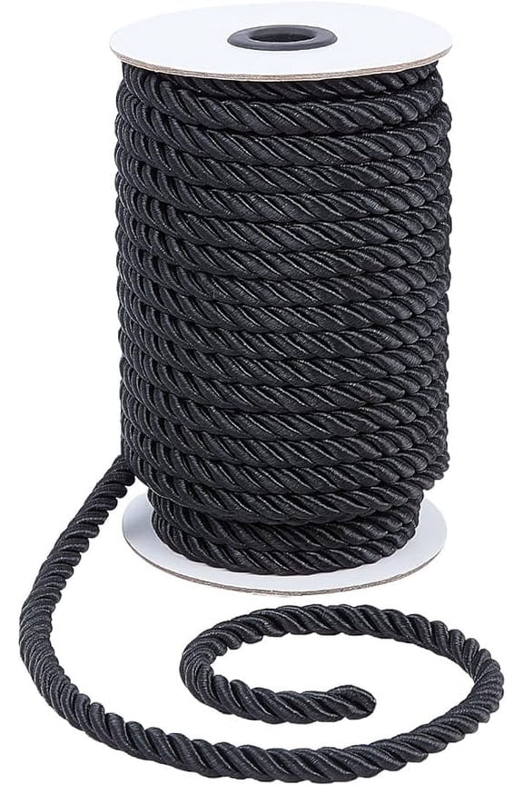 20Yards 8mm 3 Cord Trim Nylon Twisted Silk Ropes Black Decorative Rope Shiny Viscose Cording Graduation Honor Cord for Curtain Tieback Upholstery Christmas Garland Bag Handles