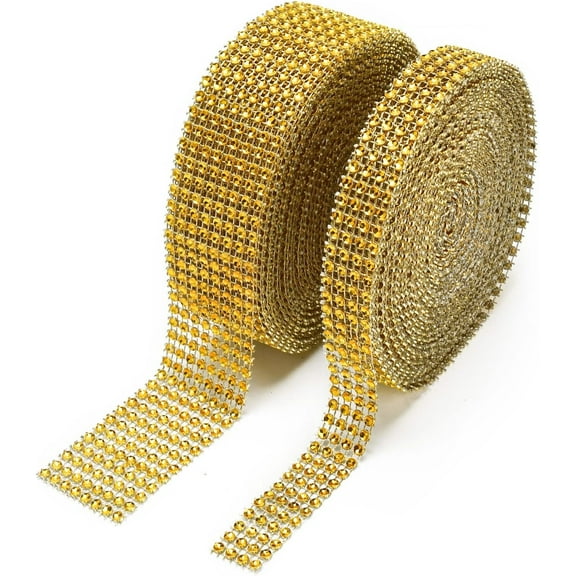 20Yards Rhinestone Ribbon Roll Diamond Ribbon for Crafts, Cake, Birthday Decorations, Wedding, Baby Shower Event and Arts 2 Rolls (Gold)
