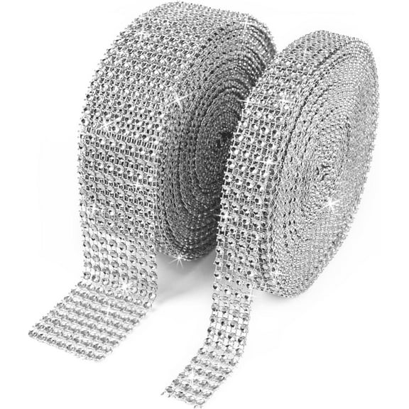 20Yards Rhinestone Ribbon Roll Diamond Ribbon for Crafts, Cake, Birthday Decorations, Wedding, Baby Shower Event and Arts 2 Rolls (Silver)