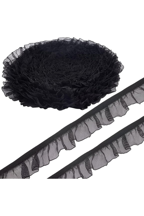 20Yds Elastic Stretch Lace Trim 1 inch Black Ruffled Pleated Satin Tulle Organza Gathered Mesh Chiffon Lace Edge Fringe Trimmings Ribbon Single Appliques Patches for Dress Wedding Collars
