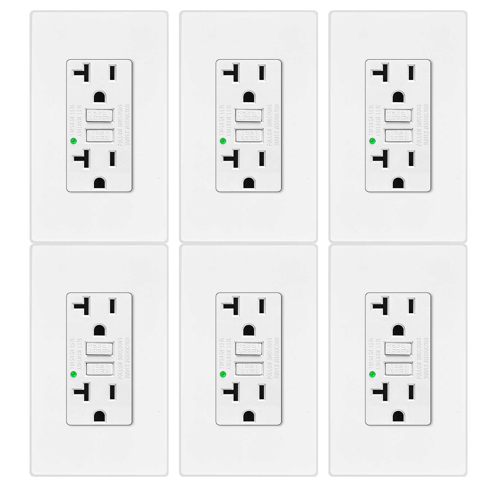 20amp GFCI Outlets Non Tamper Resistant 6 PK,Greencycle GFI Duplex Receptacles with LED Indicator, Ground Fault Circuit Interrupter with Wall Plate, ETL Listed, White