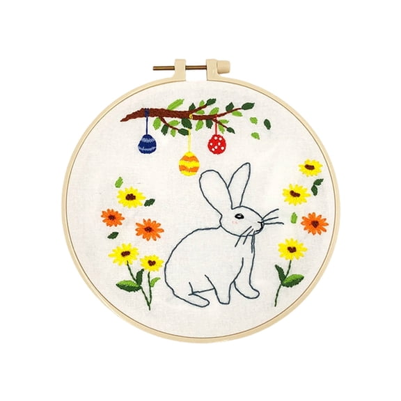 20cm/7.87inch DIY Beginner Embroidery Kit with , Bunny and Daisy Embroidery Pattern, DIY Hand Embroidery Set for Adults, Full Starter Kit (Beige Rabbit with Branch)
