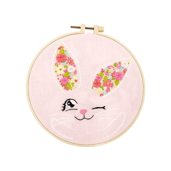 20cm/7.87inch DIY Embroidery Kit for Beginners, Floral Bunny Embroidery Art with Pre-Printed Pattern, Full Kit Includes , Thread, Needles (Pink Rabbit with Flower Ear)
