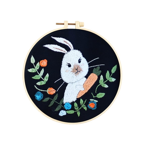 20cm/7.87inch DIY Embroidery Kit for Beginners, Rabbit with Carrot Embroidery Art, Full Hand Sewing Craft Kit with Pre-Printed Fabric (Black Background)