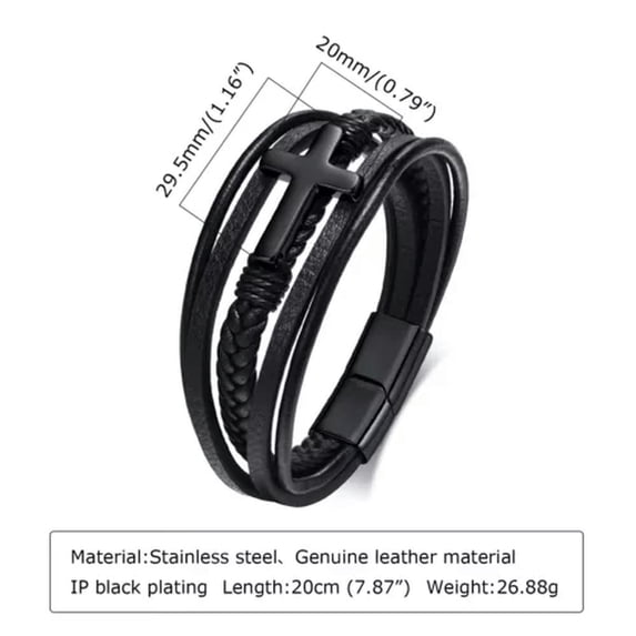 20cm Black Genuine Leather for Male Bracelet Silver/Black Cross Bangle 7.87"