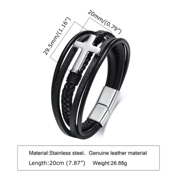 20cm Black Genuine Leather for Male Bracelet Silver/Black Cross Bangle 7.87"