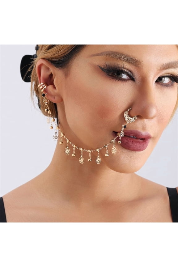 20cm Bohemia Ethnic Geometric Rhinestone Flower Tassel Nose Chain Ring Women Sexy Fake Nose Piercing Body Jewelry