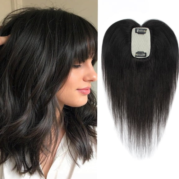 20cm Human Hair Toppers With 3D Bangs 360° Cover Topper Hairpieces Black Color Hair Fullness And Volume