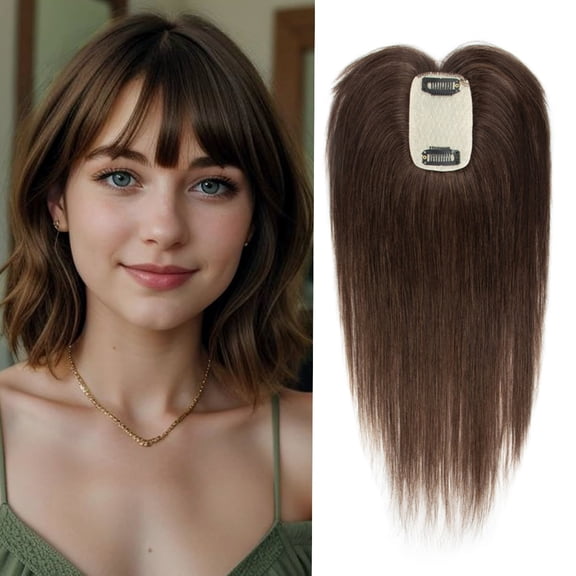 20cm Human Hair Toppers With 3D Bangs 360° Cover Topper Hairpieces Dark Brown# Hair Fullness And Volume