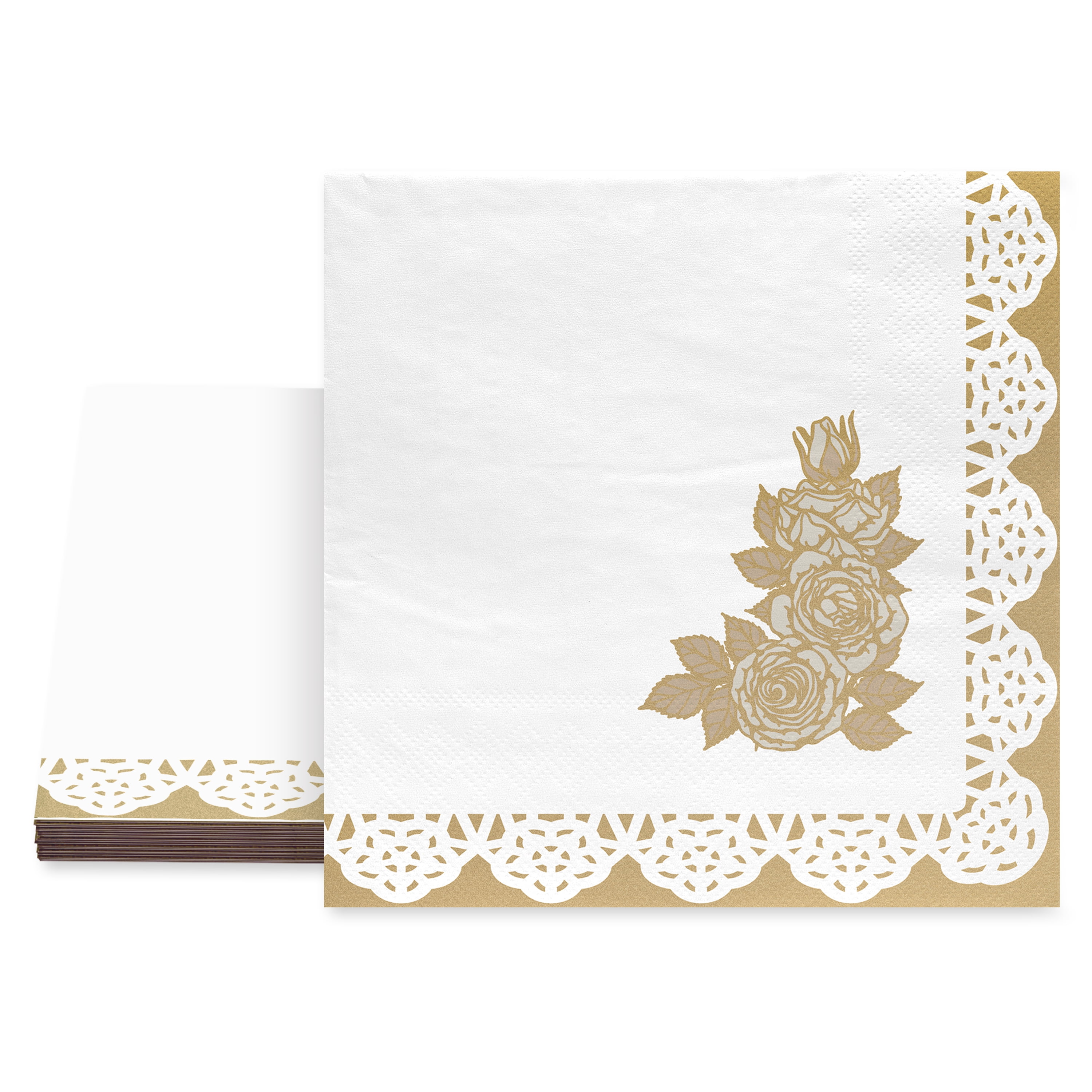 20 Count, 5IN x 5IN Disposable Tea Party Floral Napkins, Gold and White, Vintage Finds by Way to Celebrate