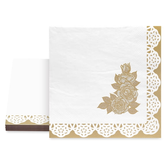 20 Count, 5IN x 5IN Disposable Tea Party Floral Napkins, Gold and White, Vintage Finds by Way to Celebrate