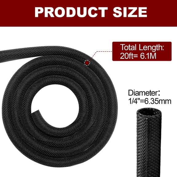 20ft 1/4 inch Split Wire Loom, Braided Heat Resistant Cable Sleeve, Self-Wrapping Wire Harness Cover for Automotive Wiring, Black