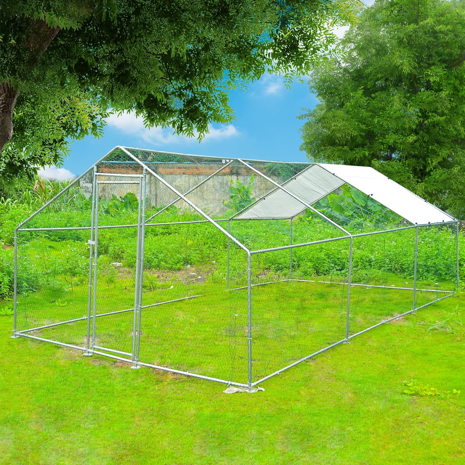 20ft Chicken Coop Run Cage Dog Cage Fence Outdoor Kennel Metal Playpen w/ Cover