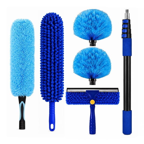 20ft High Ceiling Duster Kit with 3-12ft Extension Pole, 5-in-1 Cleaning Kit for High Ceiling, Window Squeegee Washing Kit, Cobweb Brush Duster