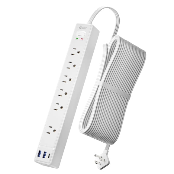 20ft Long Extension Cord  Flat Plug Surge Protector Power Strip 20 Feet 6 Outlets & 3 Usb Ports Wall Mountable Bar For Home Office Dorm Room