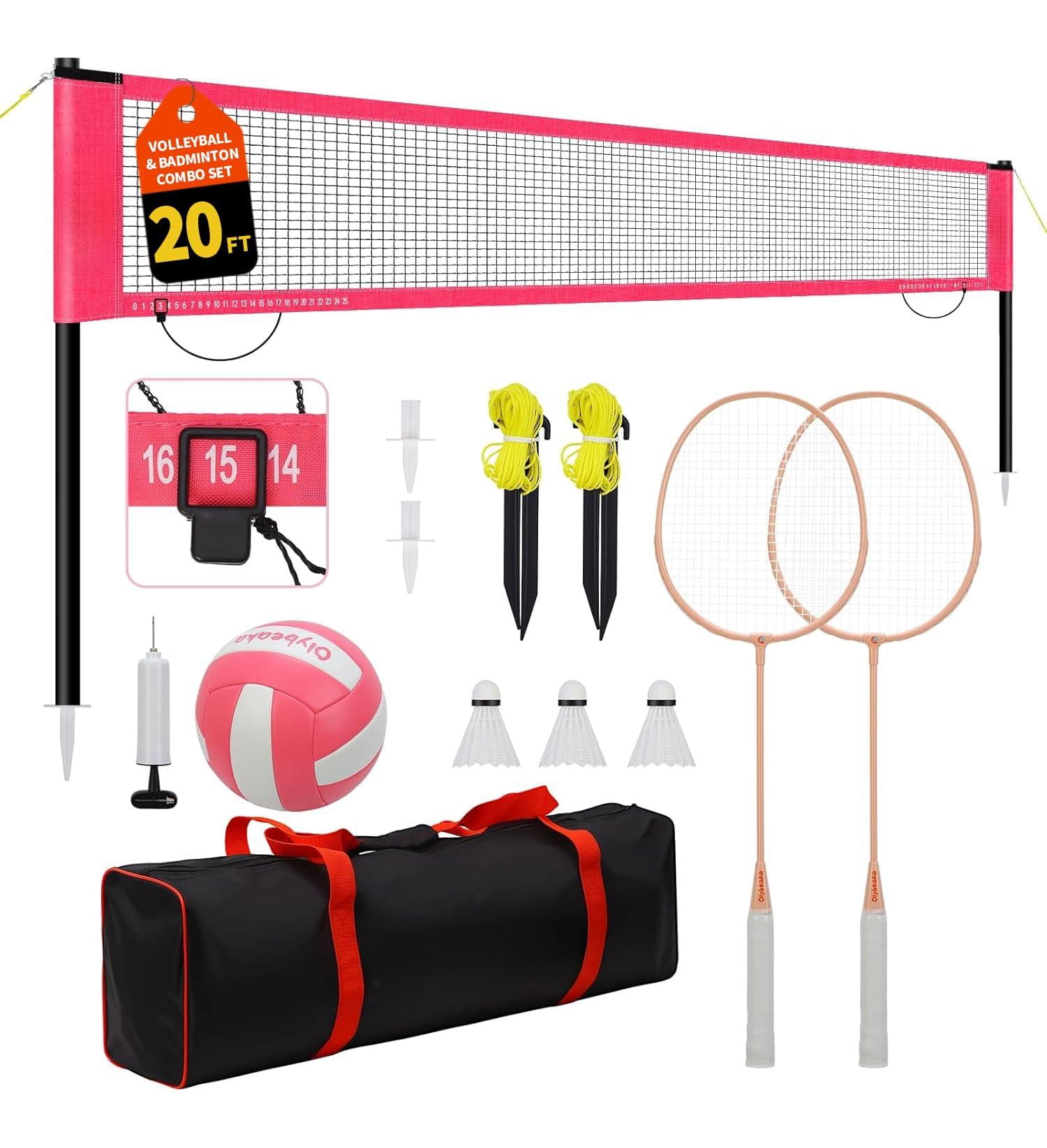 20ft Outdoor Volleyball & Badminton Combo Net Set For Backyard Beach With Adjustable Poles  Durable Anti-sag Pu 2 Aluminum Rackets