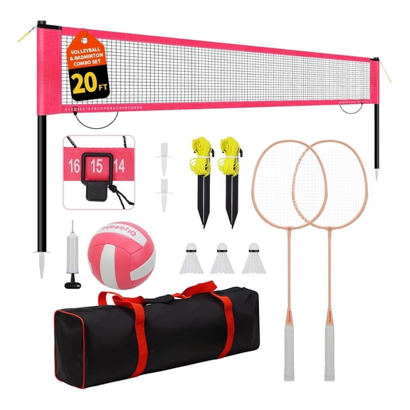20ft Outdoor Volleyball & Badminton Combo Net Set For Backyard Beach With Adjustable Poles  Durable Anti-sag Pu 2 Aluminum Rackets