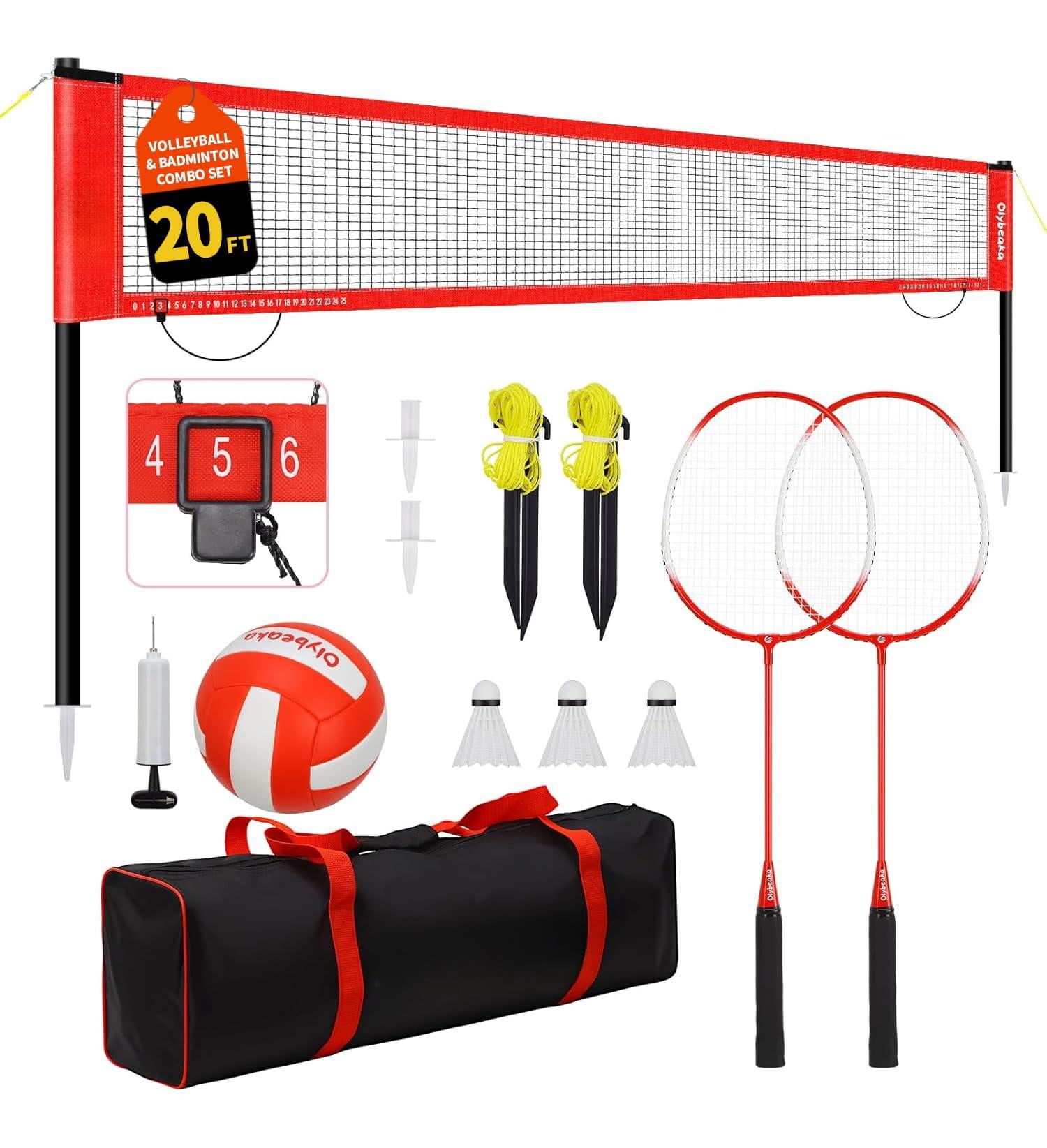 20ft Outdoor Volleyball & Badminton Combo Net Set For Backyard Beach With Adjustable Poles  Durable Anti-sag Pu 2 Aluminum Rackets