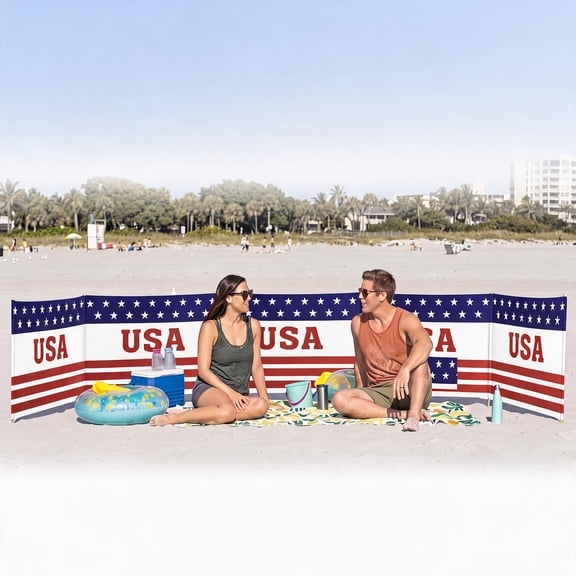 20ft Patriotic Beach Windscreen Set with 6 Poles Mallet and Carry Bag