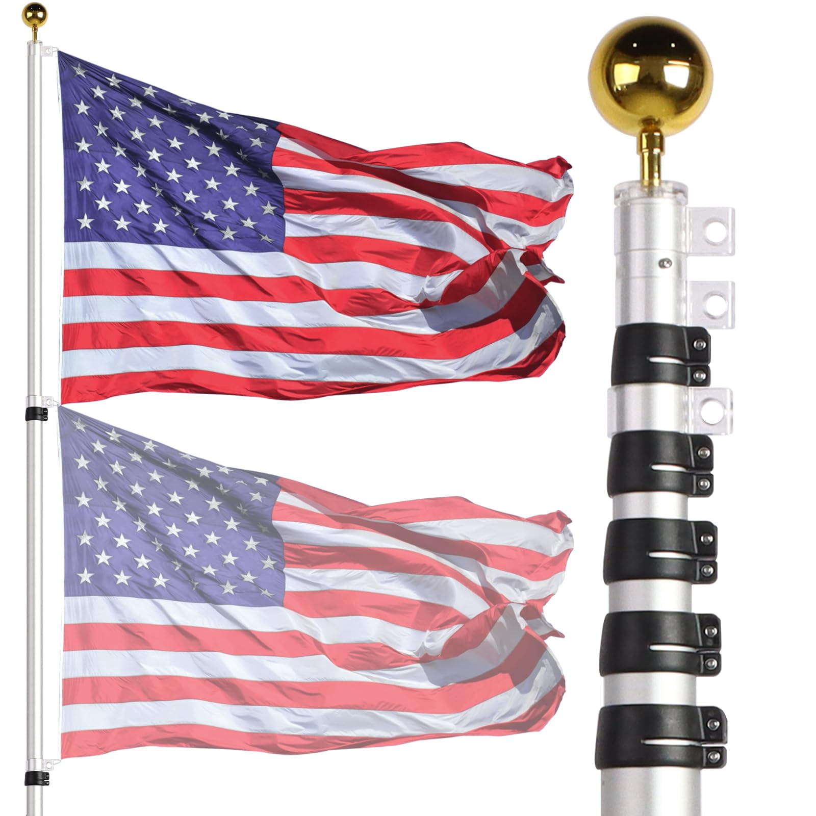 20ft Telescopic Flag Pole - Extra Thick Outdoor Telescoping Poles With 3x5 American For Residential Or Commercial Silver