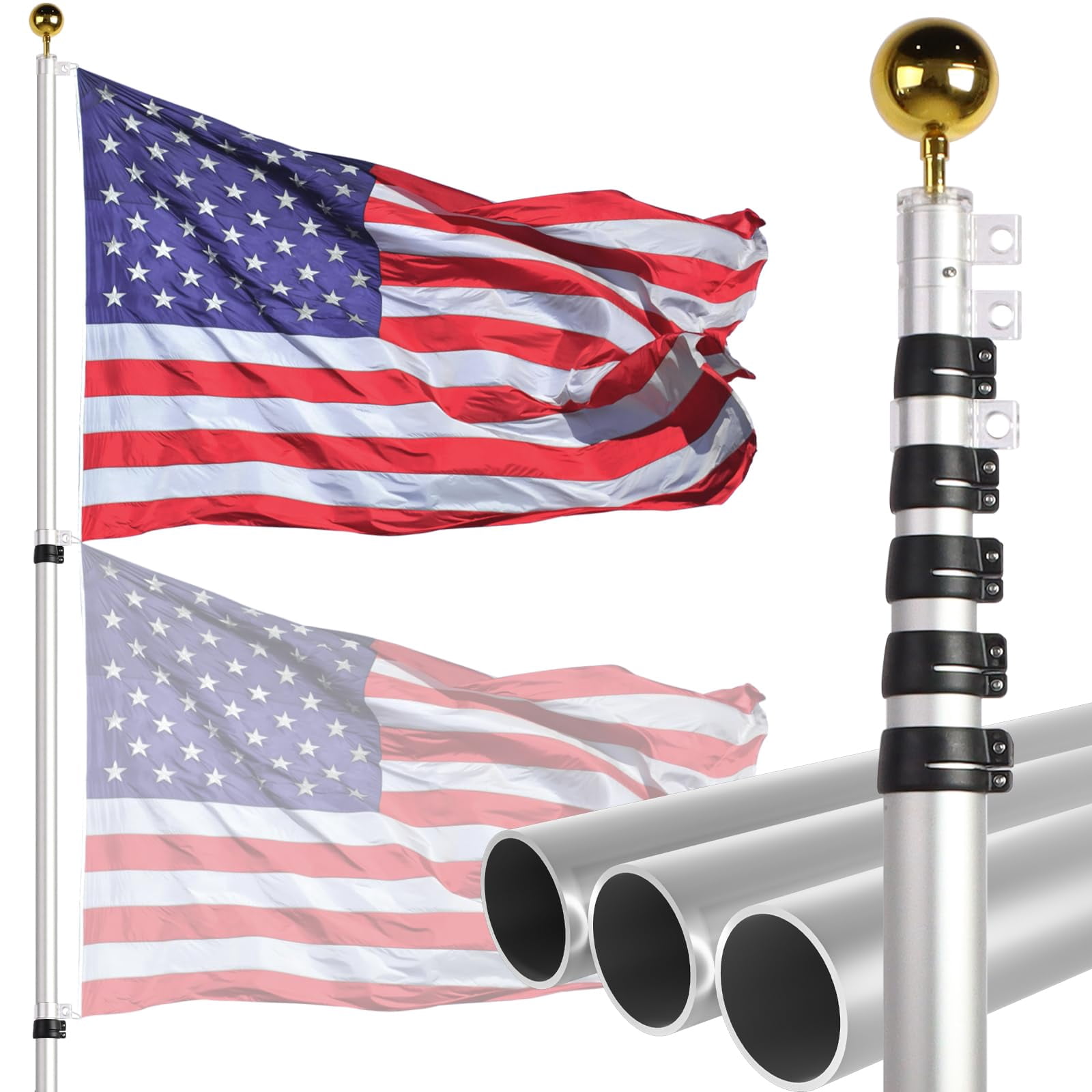 20ft Telescopic Flag Pole - Extra Thick Outdoor Telescoping Poles With 3x5 American For Residential Or Commercial Silver
