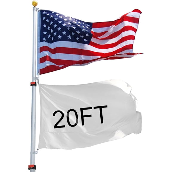 20ft Telescopic Flag Pole Kit with 3'x5' US American Flag & Ball Top Sleeve Set Aluminum Telescoping Flagpole Fly 2 Flags for Outdoor Tailgate Camper RV Tire Mount Inground Outside House